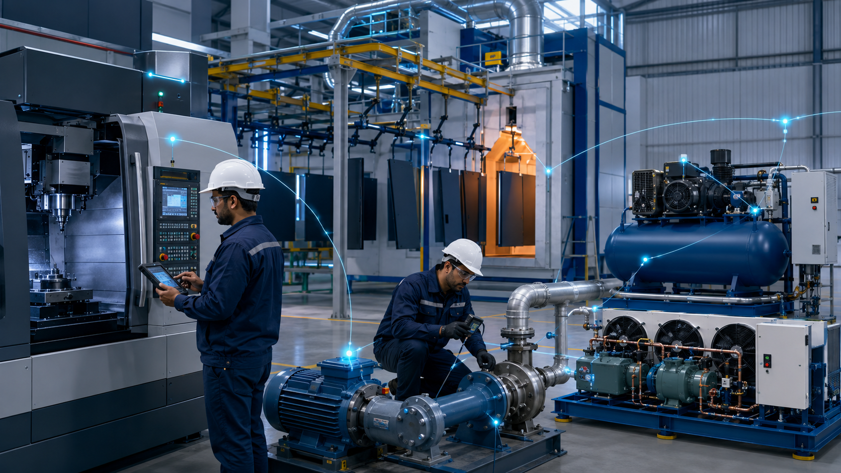 Connected manufacturing floor with CNC machines, pumps and industrial equipment