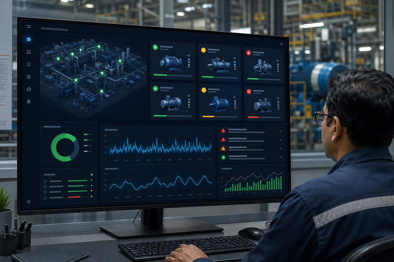 Plant operator reviewing machine health, risk alerts and condition trends
